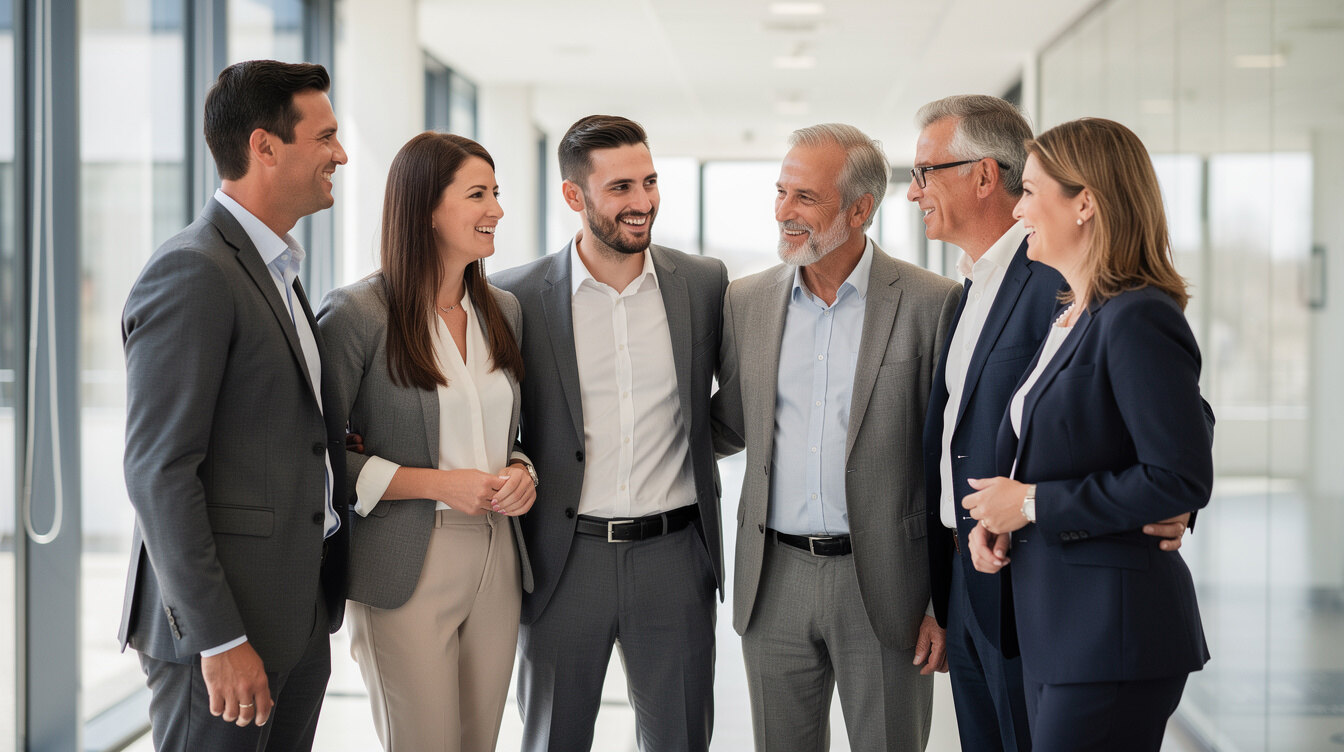 Diverse group of professionals standing together and smiling