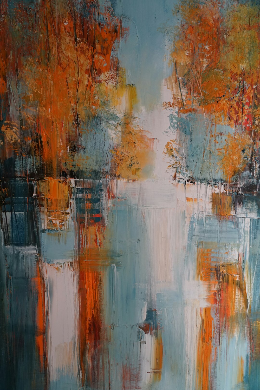Abstract painting with flowing blue and orange shapes